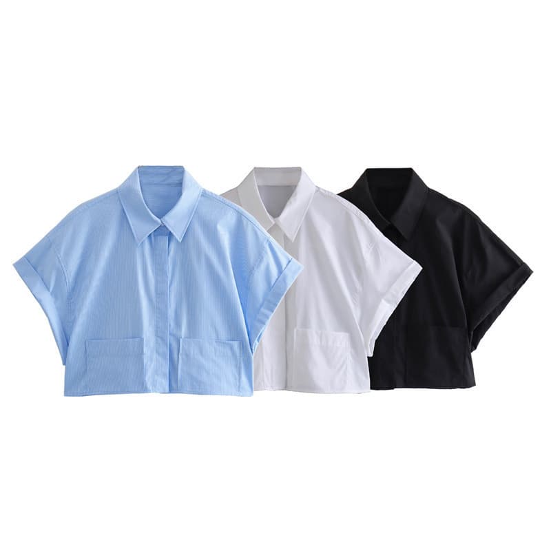 Fashionable Versatile Lapel Short Sleeves Striped Pocket Shirt Top Croptop Summer New Arrival Women's Apparel
