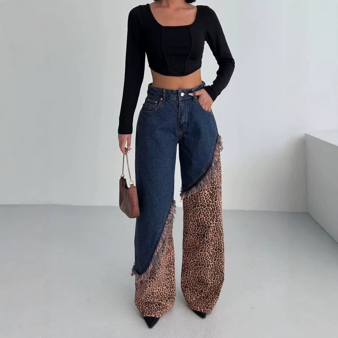 2026 Women's Designer American Retro Leopard Print Patchwork Jeans, New Autumn/Winter Style Loose Wide-Leg Pants