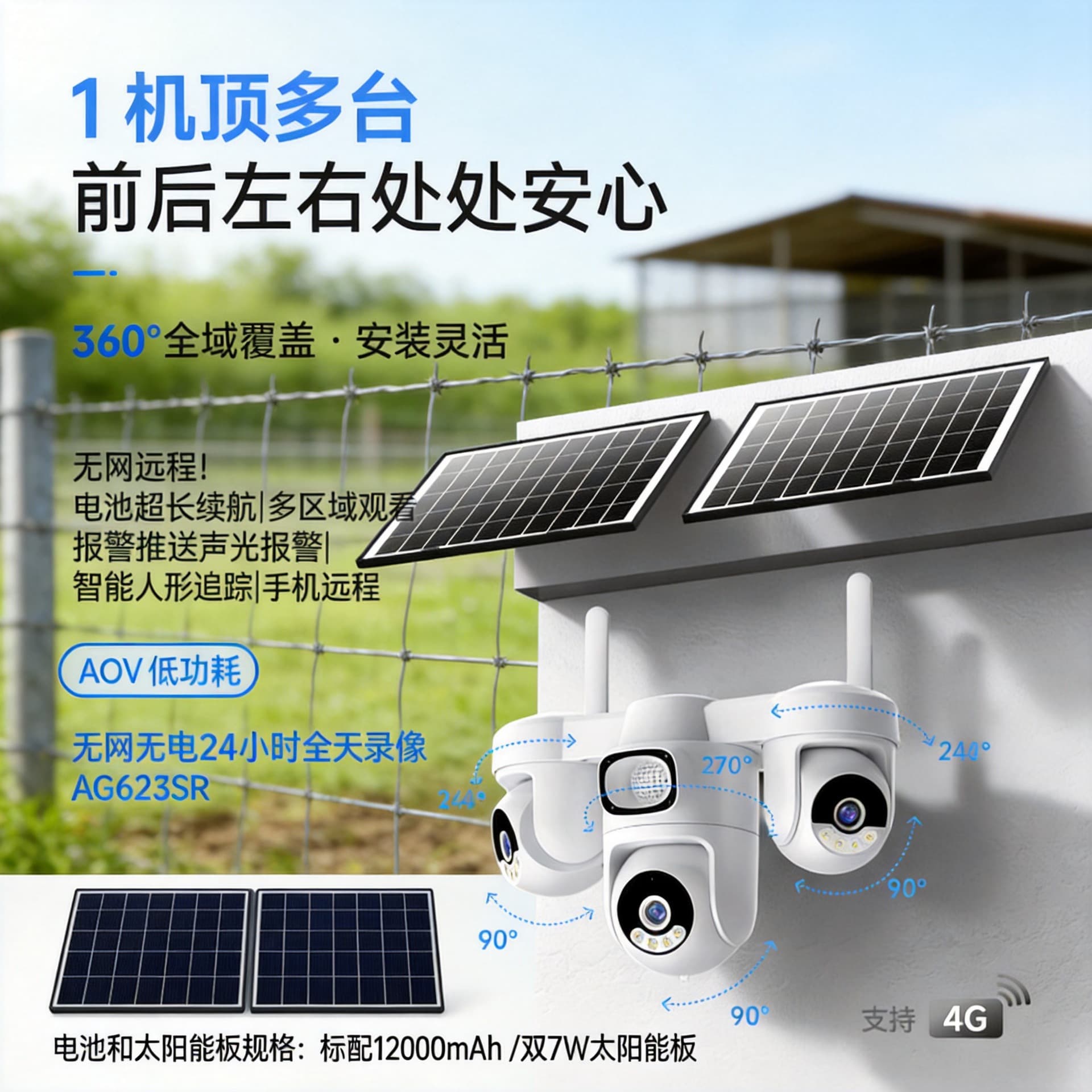 Tri-Eye AOV Solar Security Camera 360-Degree No Blind Spot, No Electricity, No Network, Night Vision Outdoor Surveillance Camera