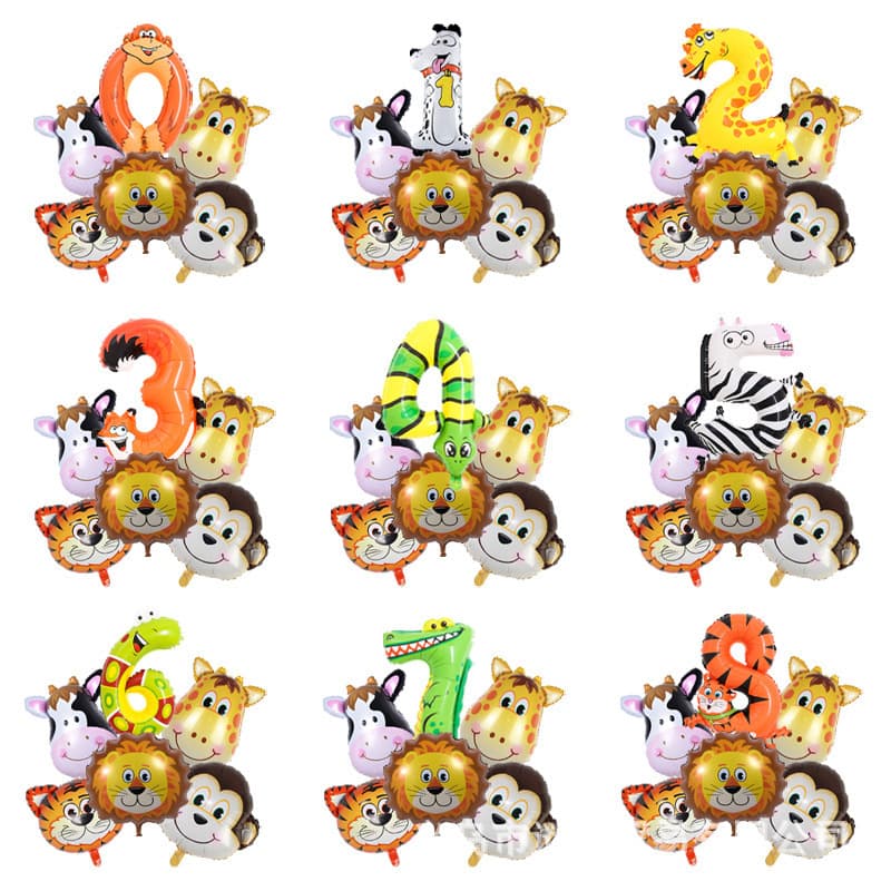 Cartoon Animal Big Head Decoration Six-Piece Set Birthday Scene Arrangement 16-Inch Animal Number Foil Balloons Wholesale