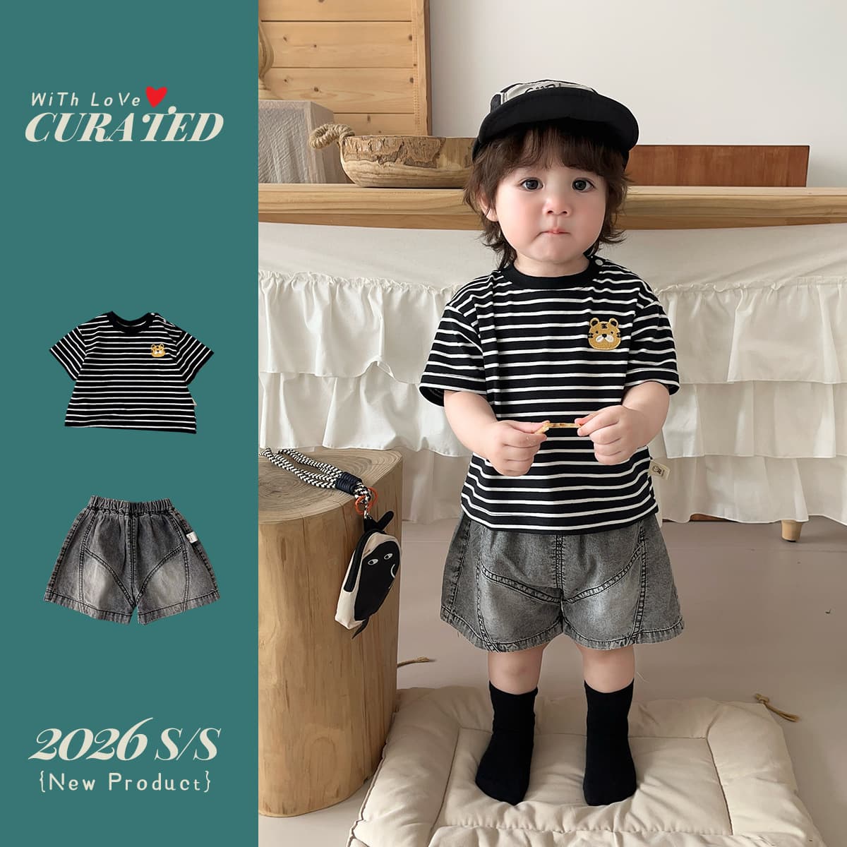 Baby boy summer thin high-end suit boy fashionable striped short-sleeved T-shirt denim shorts 1 two-piece set of children's clothing