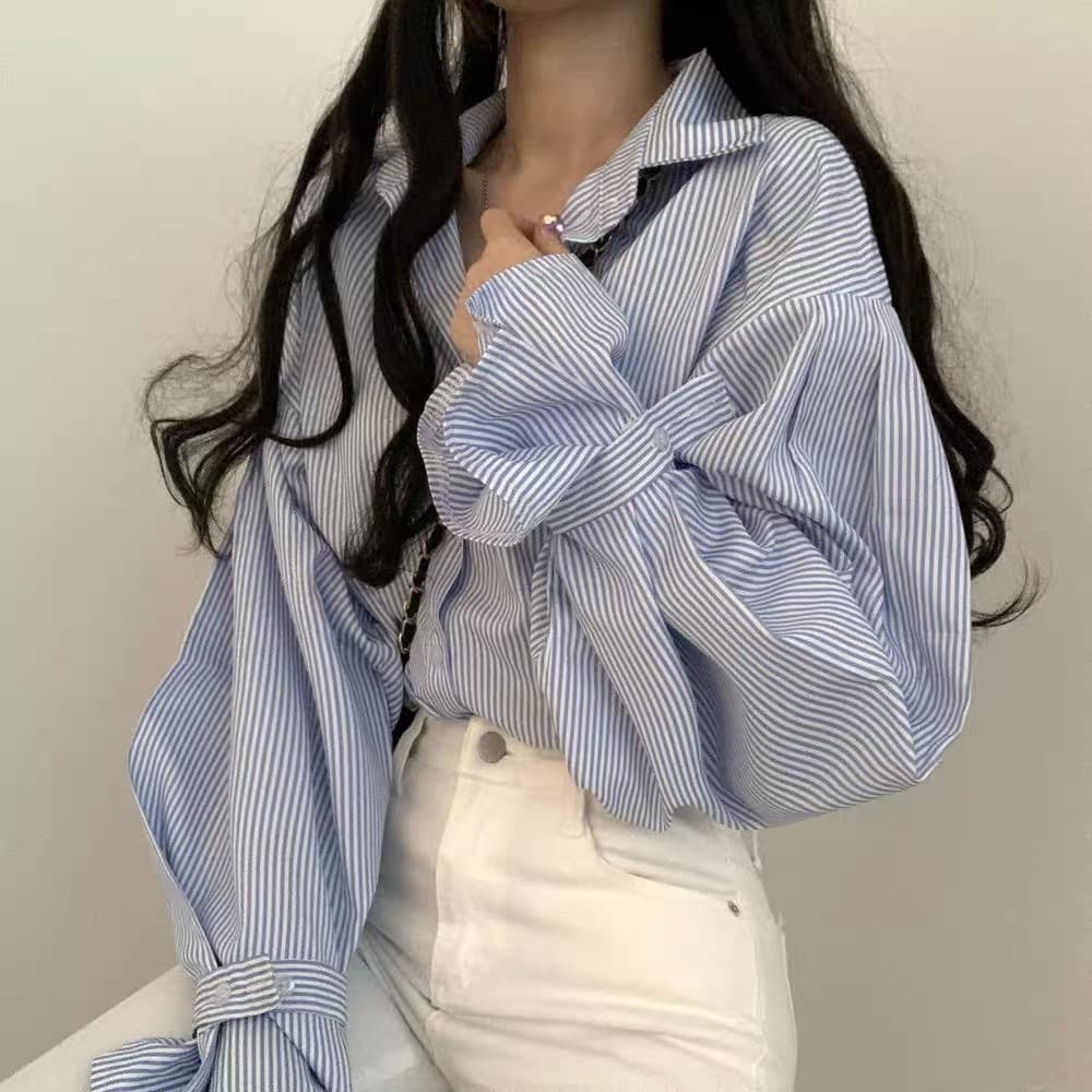 Korean Chic French-style Spring Design Striped Loose Shirt for Women, Simple Long-Sleeve Layering Top