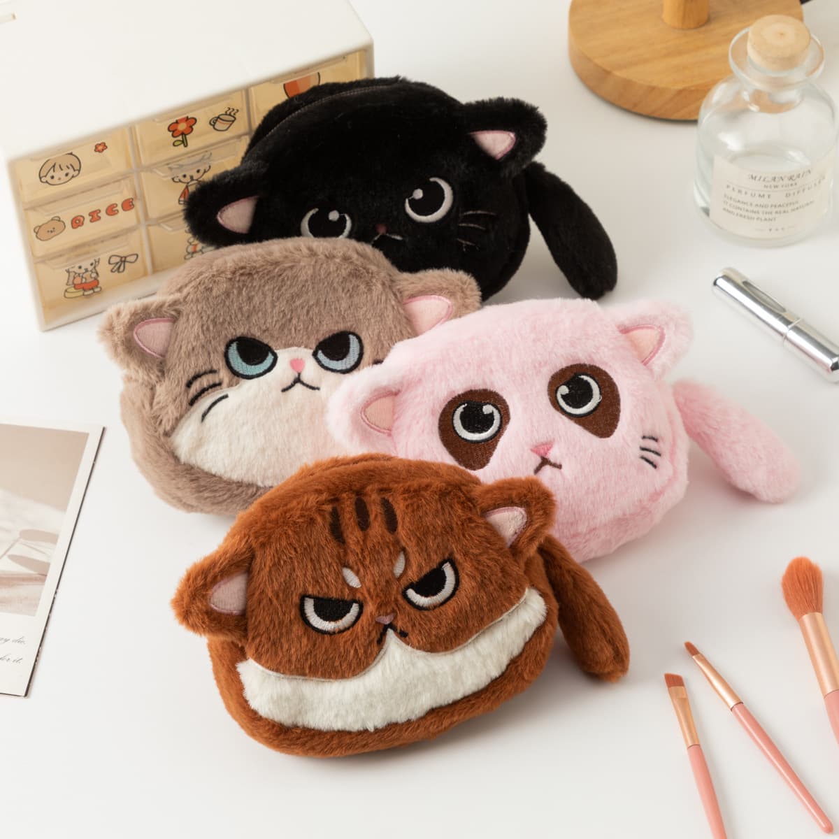 Large Capacity Cat Coin Purse Plush Kitten Key Lipstick Storage Bag Cartoon Student Stationery Storage Bag Wholesale