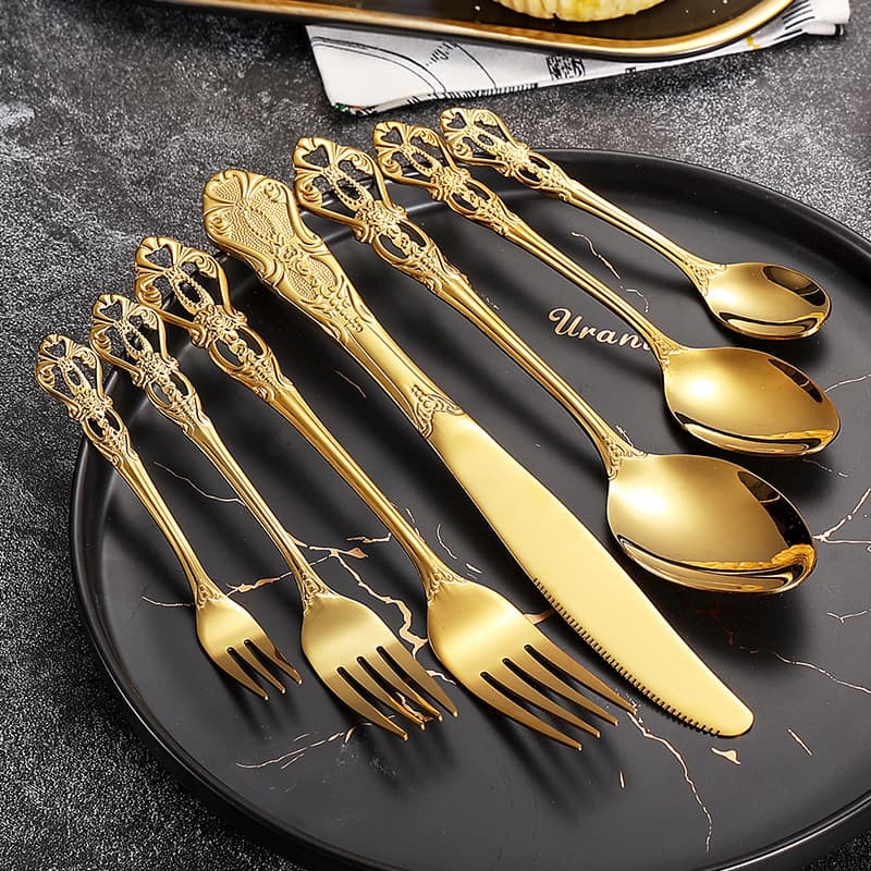 Huangting Stainless Steel Knife, Fork and Spoon Seven-piece Cutlery Set Cross-Border Hollow Relief Stirring Spoon European Steak Knife and Fork Set