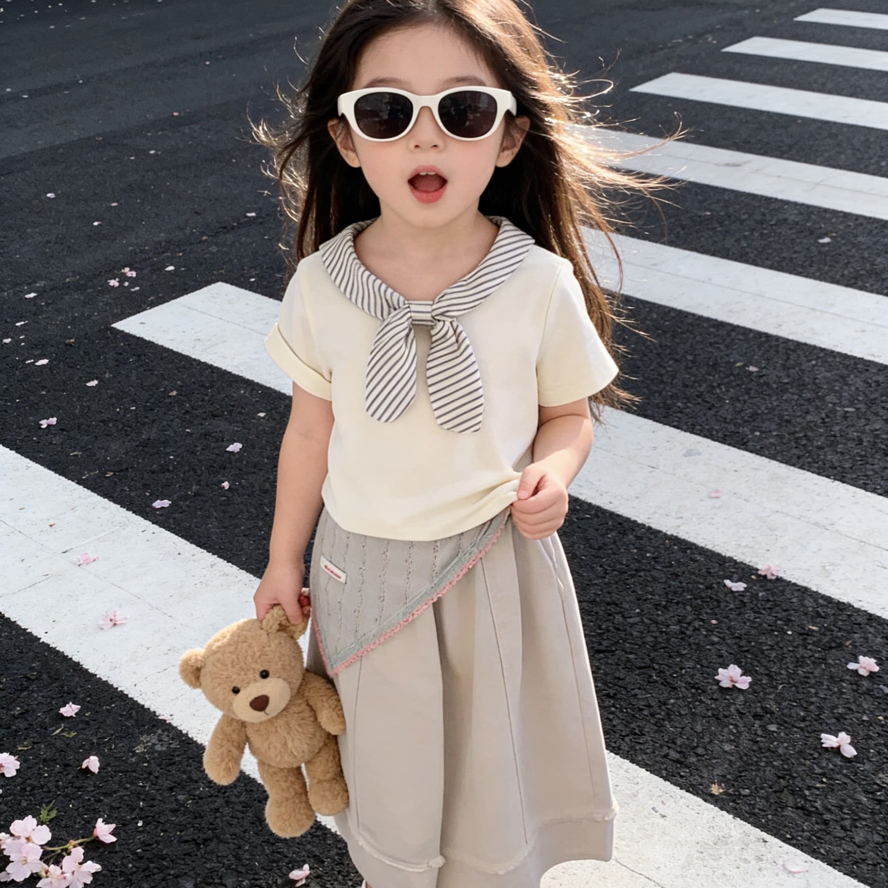 Girls' Outfit Summer New Navy Style Trendy Short-Sleeve T-Shirt + Wide-Leg Pants 2-Piece Set for Toddlers and Little Girls Dropshipping