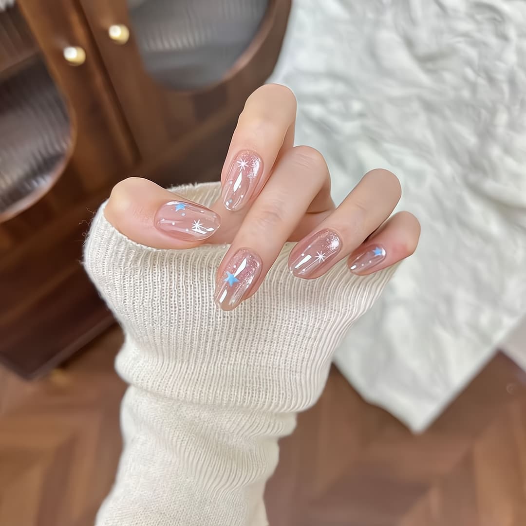 【Lingluo Original】Summer Bestseller Shimmer Blue Star Cat Eye Nail Art Handmade Press-On Nails Wholesale