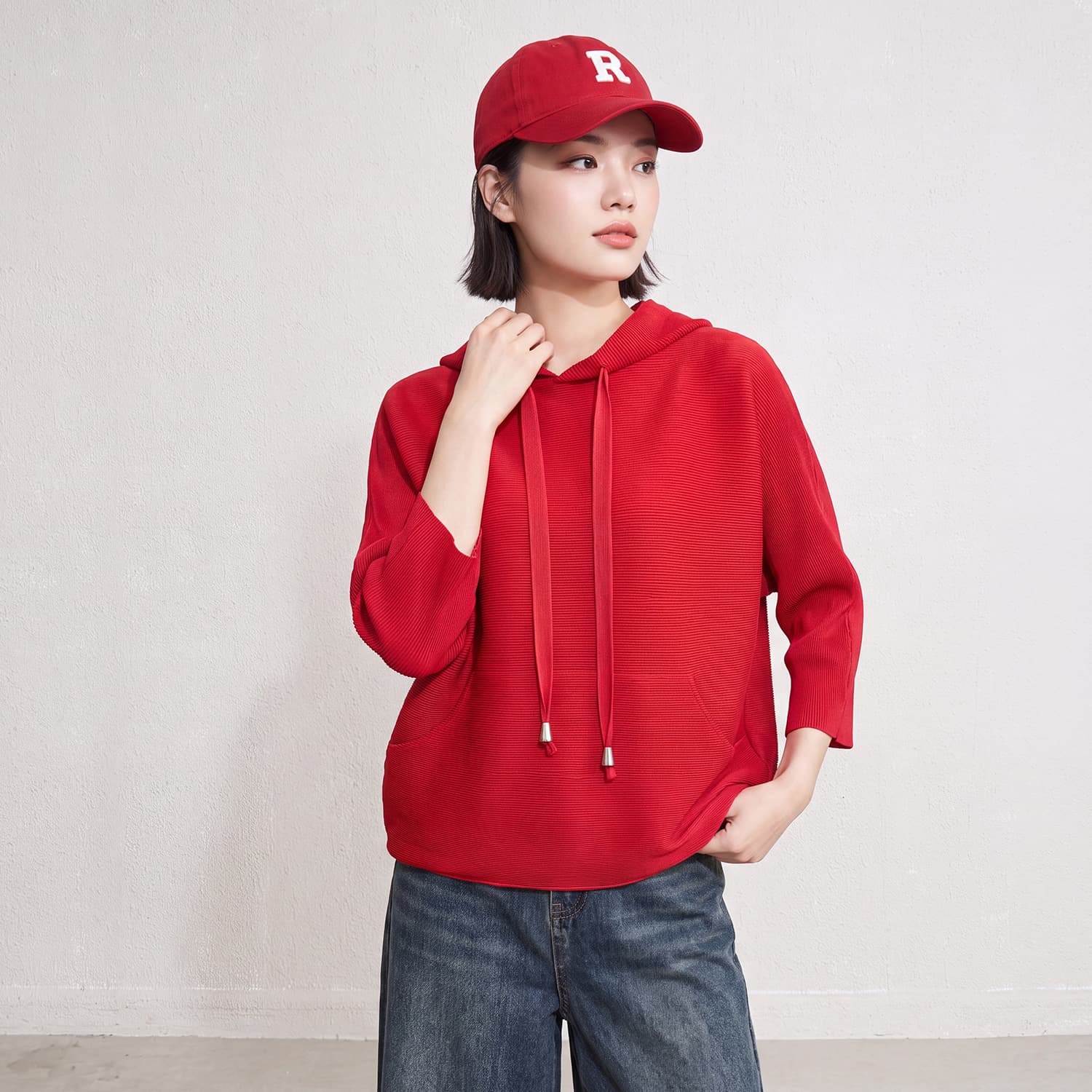Cross-border large size pleated red sweatshirt drawstring hood with pocket design spring and autumn loose and versatile pullover top