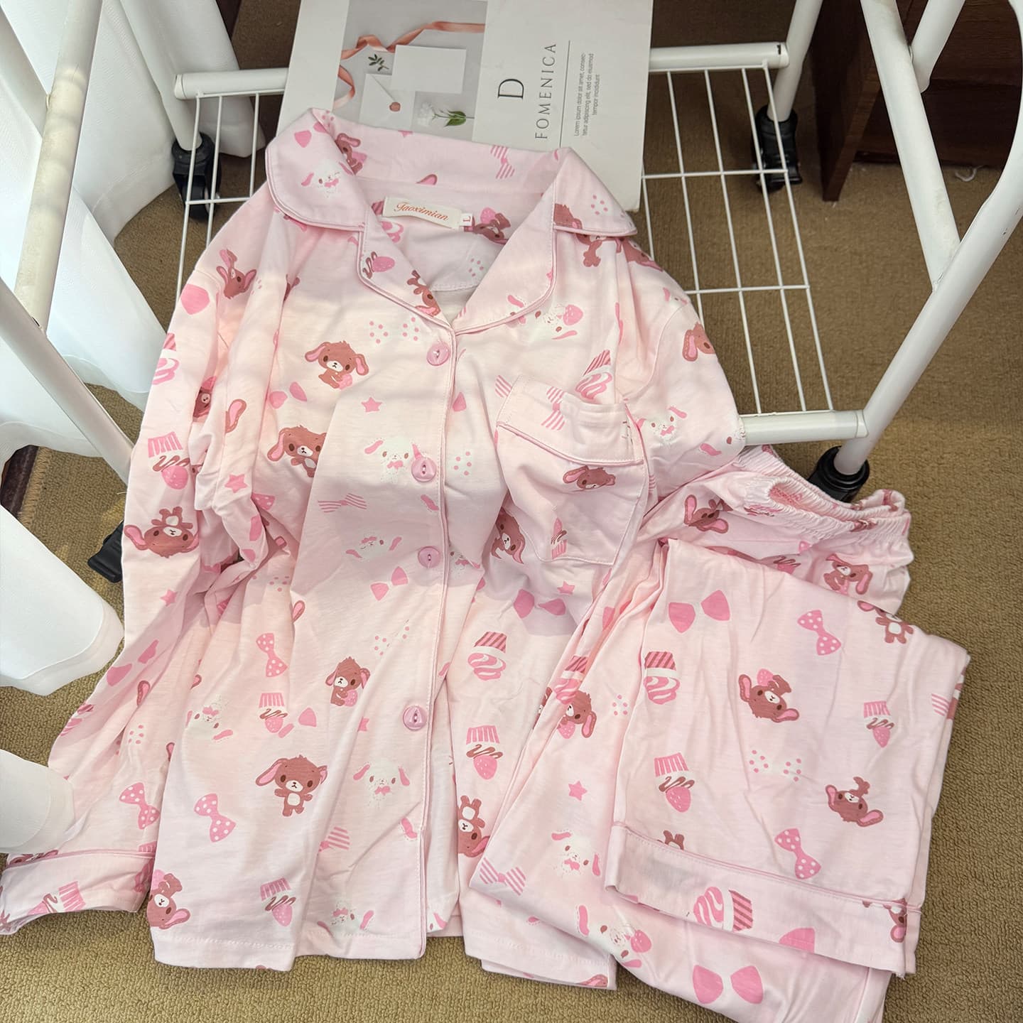 Pink Cute Dessert Bunny Pajama Set for Women, Spring and Autumn Long Sleeve, Pure Cotton, Youthful Ins Style, Popular Homewear Set