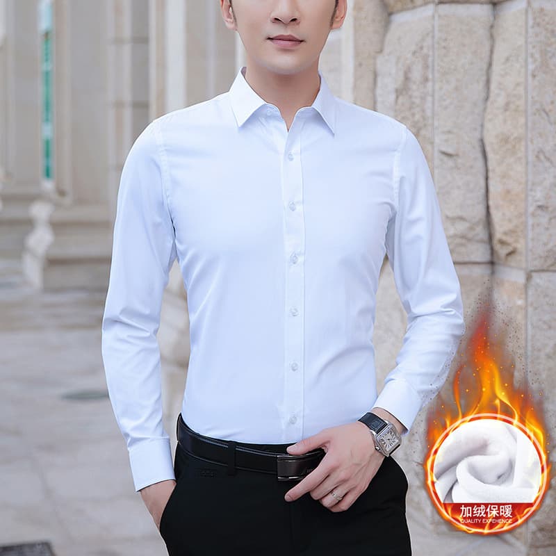 Autumn and winter men's fleece-lined thick long-sleeve shirt, business office slim-fit youth formal solid white shirt