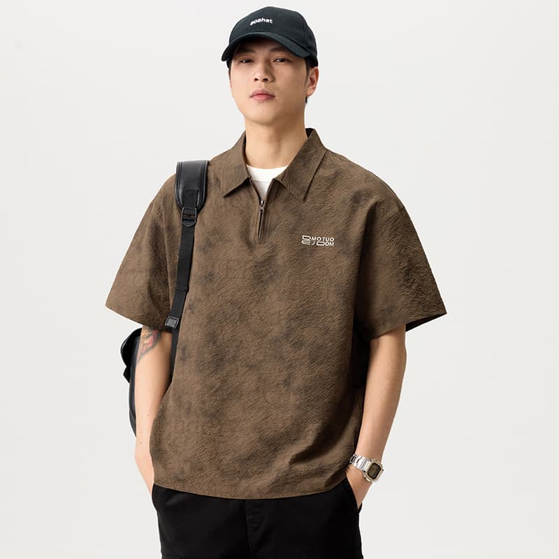 Summer New Retro Ice Silk Bubble Texture Pattern Shirt Turn-down Collar Loose Casual Versatile Short Sleeve Shirt for Men
