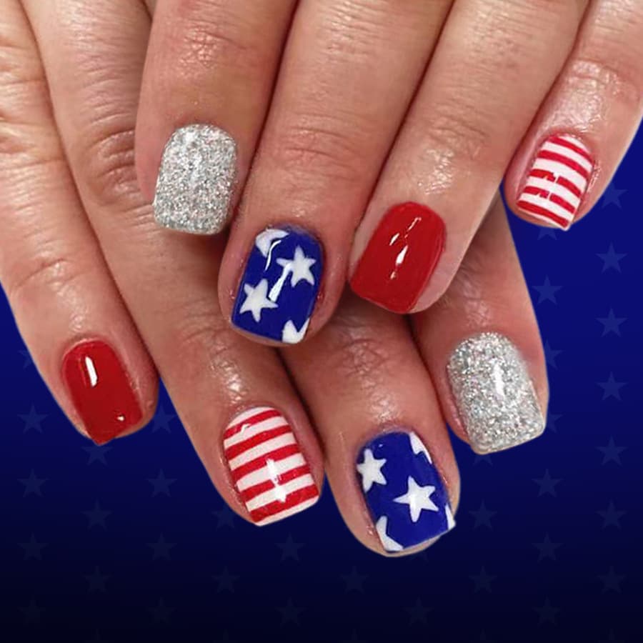 Short Glossy Square Nails, American Independence Day Red White Striped Flag Star Glitter Press-On Nails, 24 Pieces