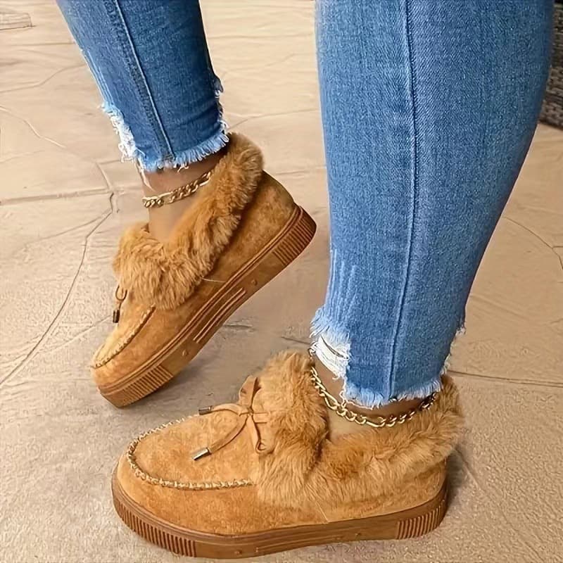 Winter Cotton Shoes for Women with Butterfly Knots, Warm Flat Bottom, Large Size Fur Snow Boots, Comfortable Warmth Footwear