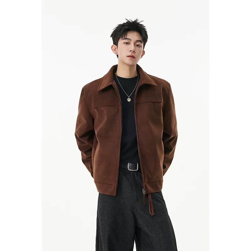 American Retro Lapel Jacket for Men Spring Loose Fit High-End Stylish Versatile Zip-Up Outerwear