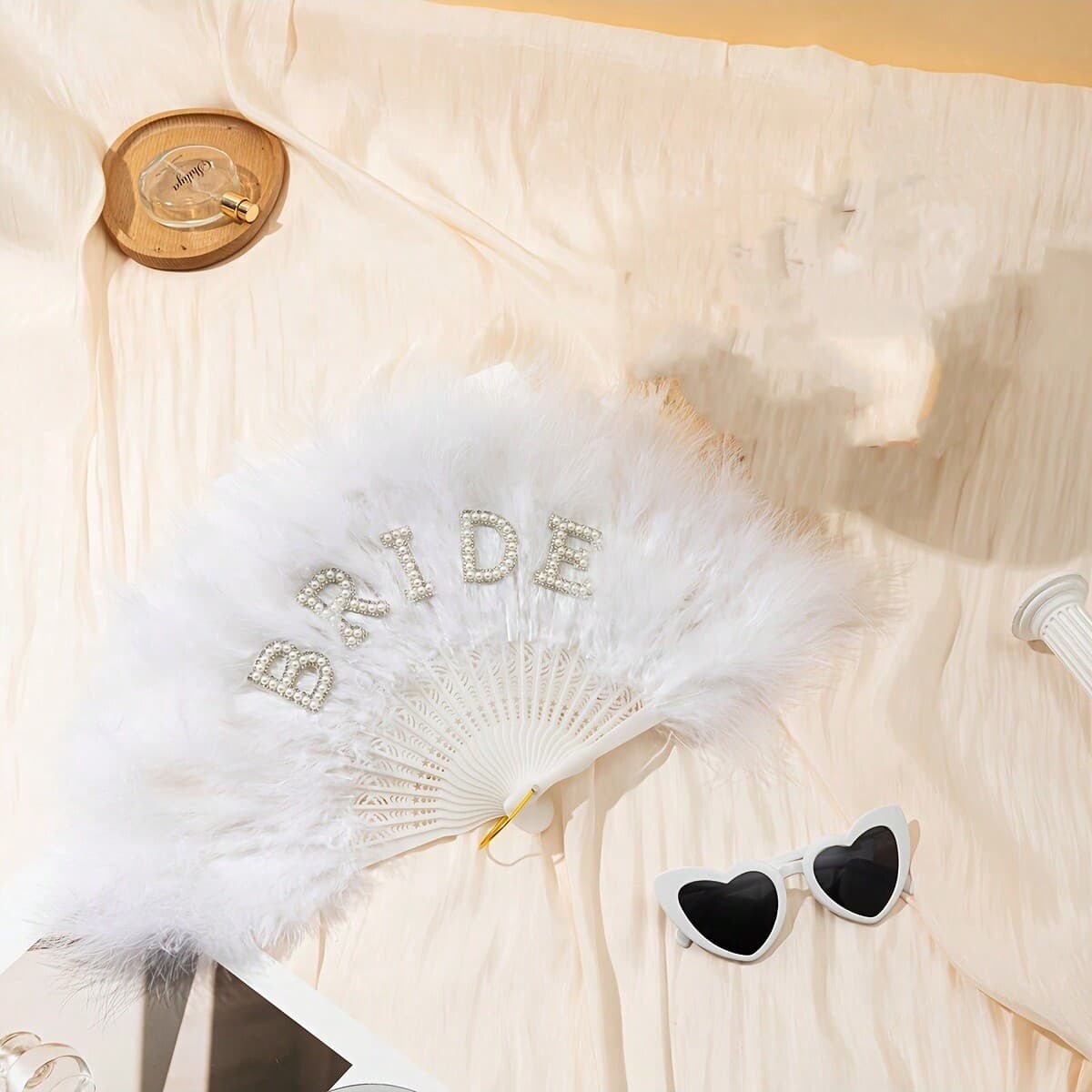 Amazon Bride Pearl Letter Bride White Feather Folding Fan for Bachelorette Party Wedding Gift