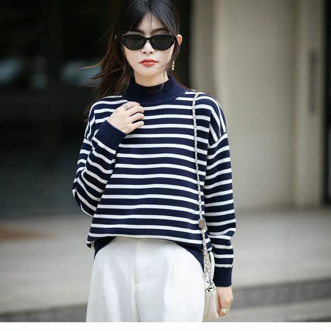 Pure Cotton Thick Half High Neck Knit Sweater Loose Base Layer Color Block Stripe Long Sleeve 26 Fall Winter Sweater Top for Women