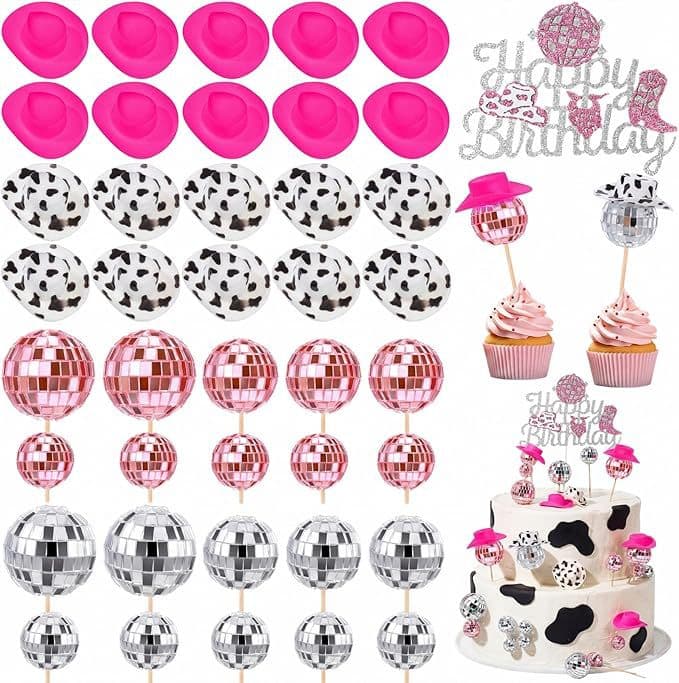 41 Pieces Cowboy Cake Disco Ball Cake Cowboy Hat Boot Cake Decoration Girl Birthday Disco Pink