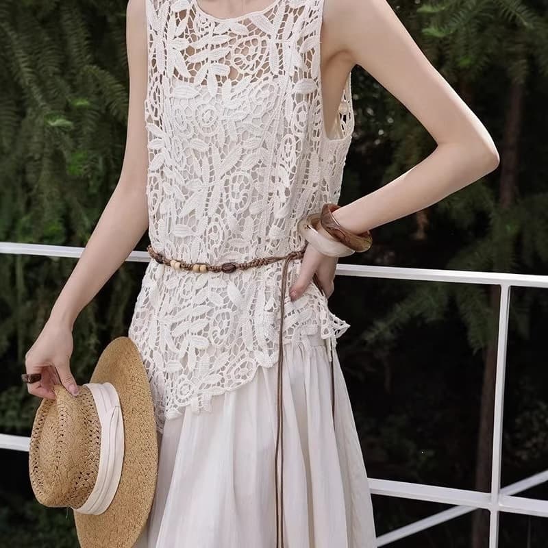 New Summer Bohemian Heavy Lace Hollow Knit Sleeveless Vest Women's Irregular Cover-Up Top