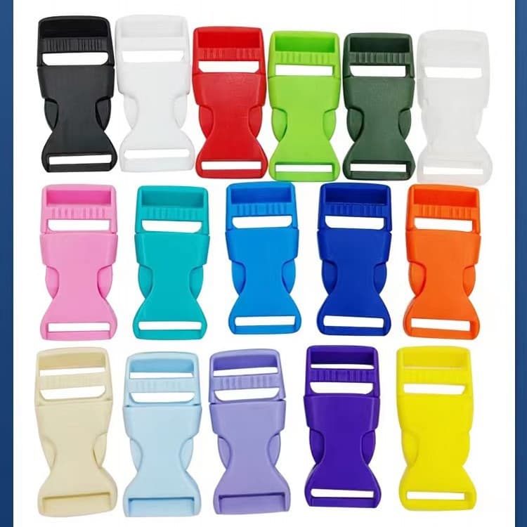 Eco-friendly in-stock 20MM colored plug buckles, plastic plug clasps, adjustable safety plastic clips, backpack snap buttons.