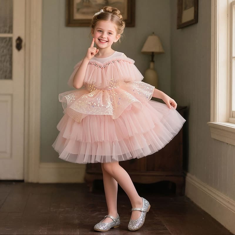Amazon Kids Princess Dress Sequined Tulle Flower Girl Party Dress Baby Birthday Evening Dress
