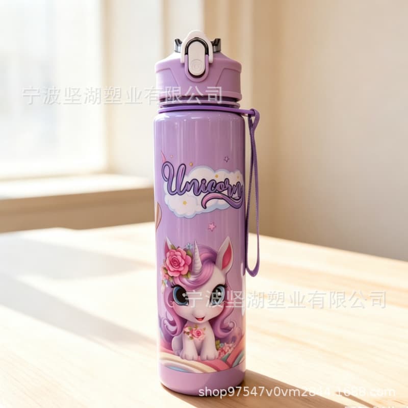 New Unicorn Cartoon Plastic Water Bottle Portable Straw Cup for Students Kids Outdoor Sports 750ML