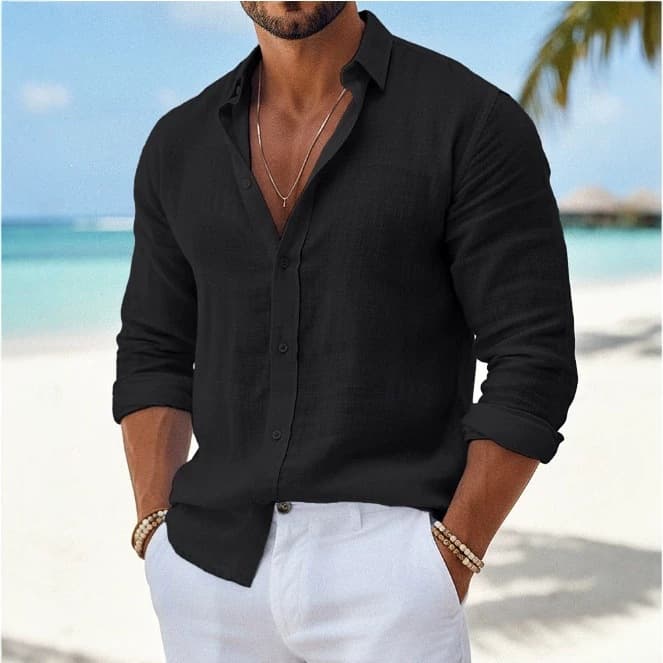 Summer breathable casual long-sleeved shirt men's solid color lapel loose no-iron anti-wrinkle four-way stretch shirt men's shirt