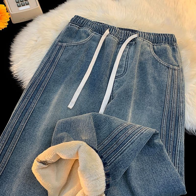 Factory Direct Cross-Border Men's Fleece-Lined Jeans, Elastic Waist Drawstring Style Casual Versatile Wide-Leg Pants, Thickened Fleece