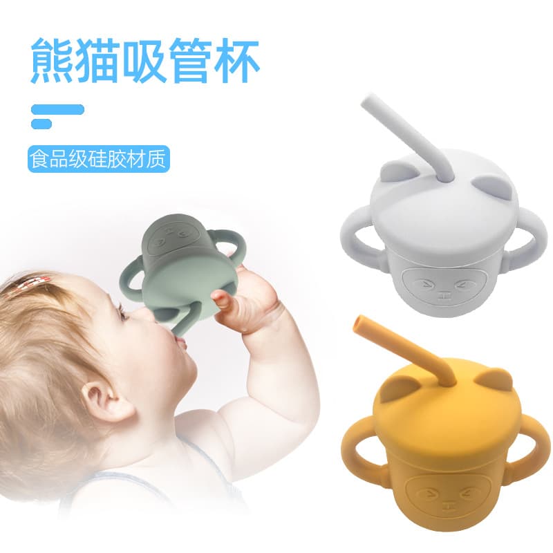 Baby Feeding Cup Silicone Straw Anti-Fall Water Cup Drinking Training Cup Panda Straw Water Cup Standard Diameter with Handle