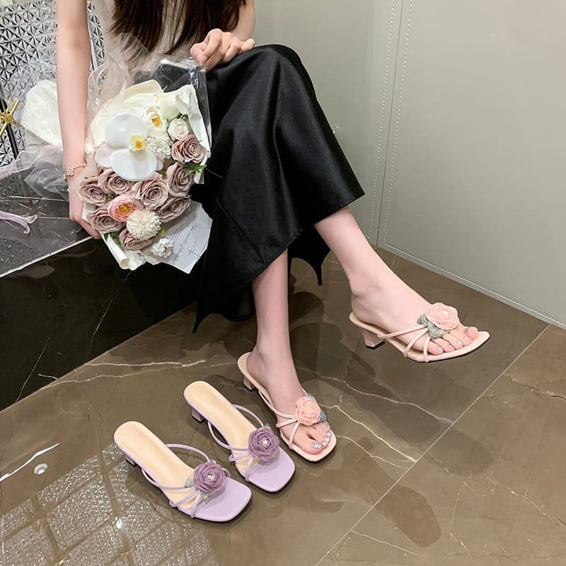 Open-Toe Slippers Women Sexy Rose Half Slippers 2026 Summer New Fashion High Heel Sandals for Dresses Mid Heel