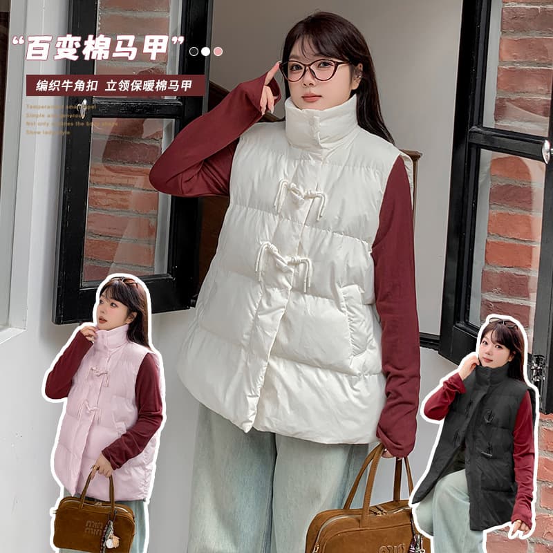 Ino Plus Size Women's Horn Button Stand Collar Cotton Vest, Autumn/Winter New Style, Thickened Warm Sleeveless Top 341732