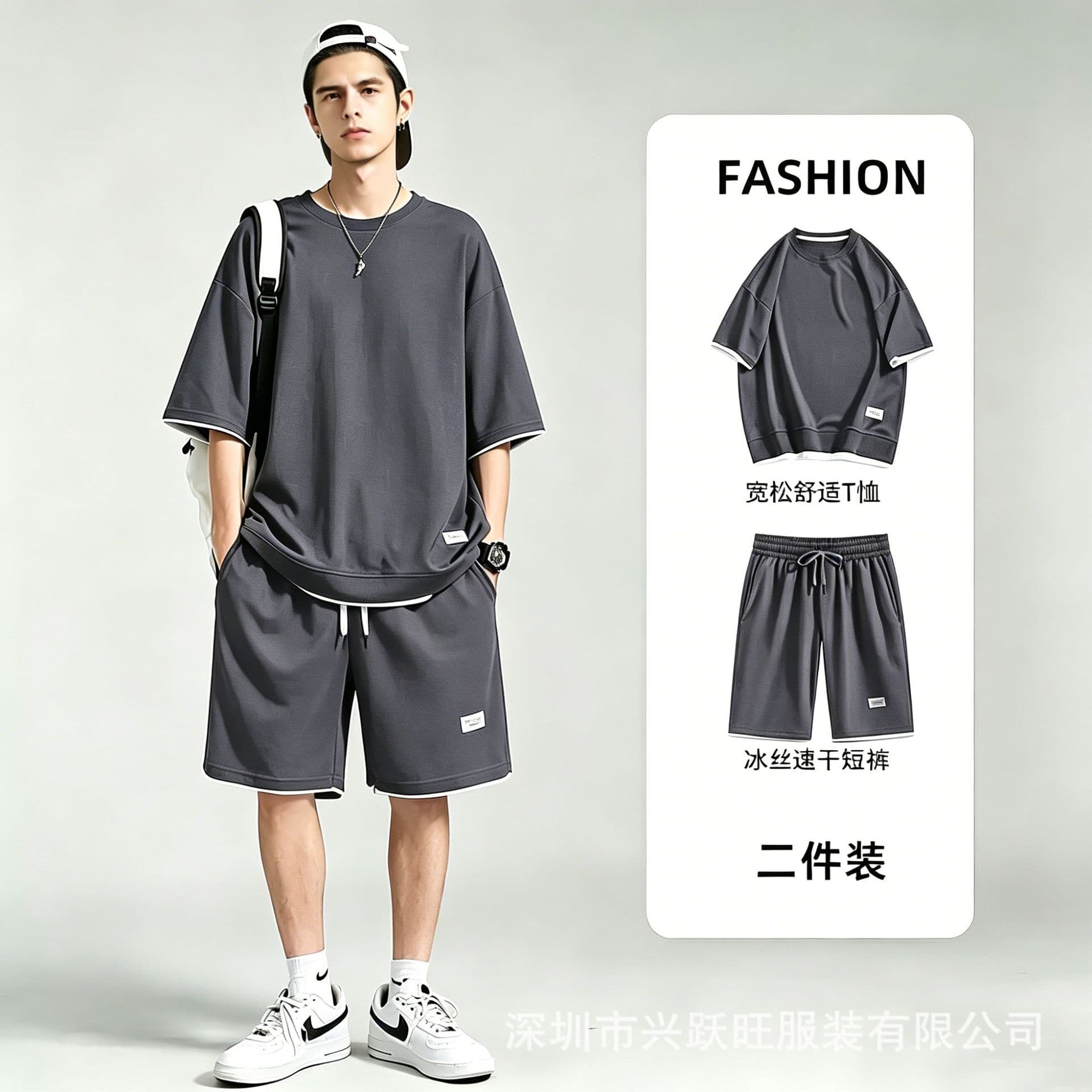 Summer Short Sleeve T-Shirt Casual Sport Set Men Waffle Knit Fake Two-Piece Loose Half Sleeve Shorts Two-Piece Set