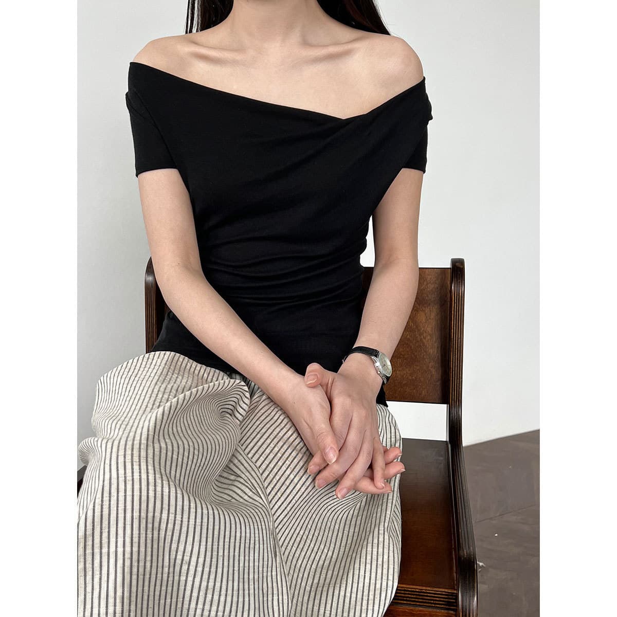 NS Tencel Wool French Style Shoulder Swing Neck Short Sleeve T-Shirt Women's Summer Soft Lightweight Slim Top 2699