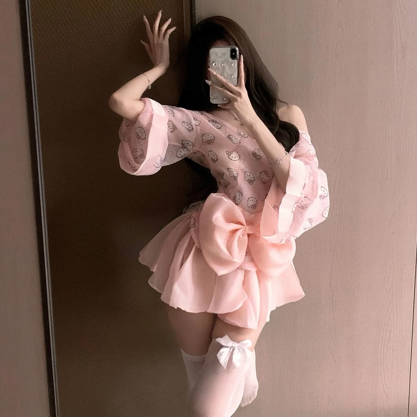 Sexy lingerie, sexy chiffon big bow, private room pajamas, Japanese style glutinous bunny print kimono, one piece drop shipping