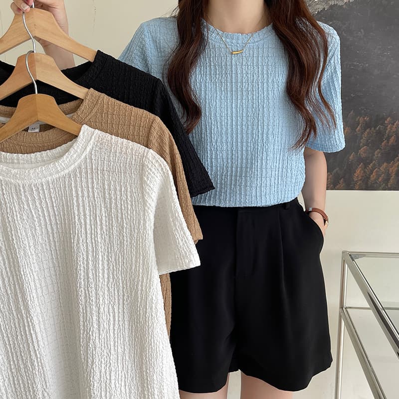 French Retro Solid Color Pleated Jacquard Short-Sleeve Thin T-Shirt Women's Summer Designer Niche Top Ins Trendy