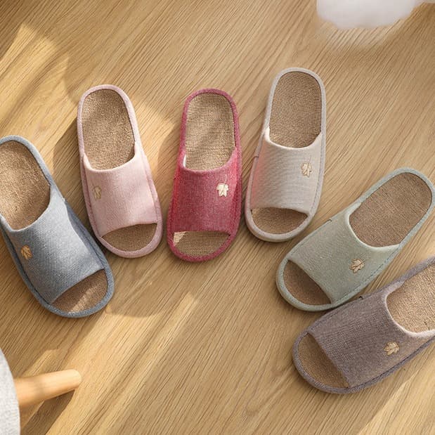 Maple leaf embroidery home basin slippers cotton linen Japanese arch support household anti-slip summer couples wedding slippers EVA