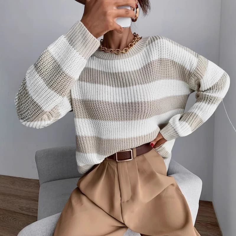 European and American cross-border 2023 autumn and winter new products personalized versatile contrasting color sweaters Amazon color block striped loose sweaters
