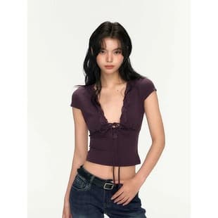 Pure Desire Style Sexy Lace Patch V-Neck Short-Sleeve T-Shirt for Women, Summer Design, Slimming Short Top