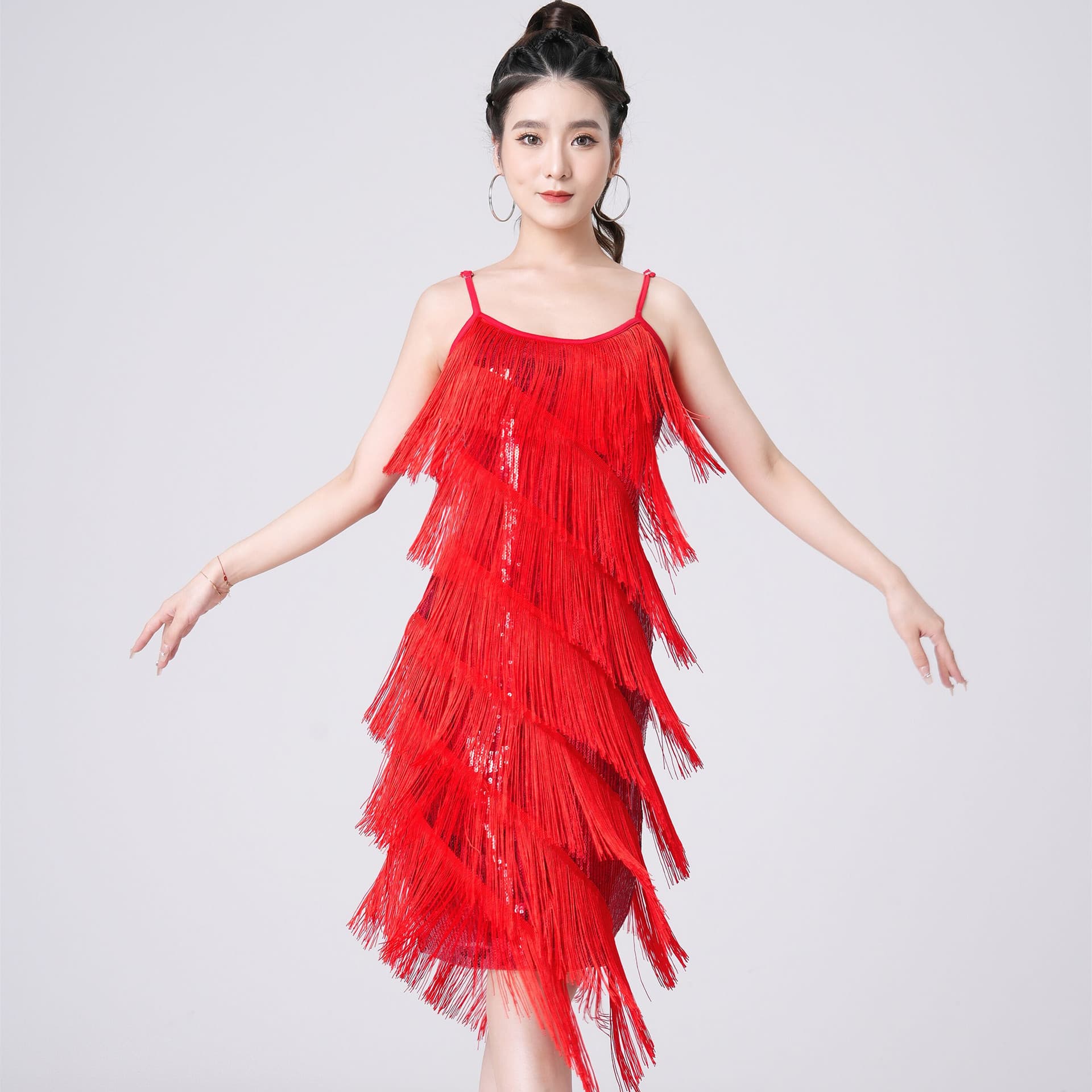 Halter Sequin Fringe Skirt Mid-Length Dress Latin Dance Party Dress Dance Performance Wear Stage Performance Competition Costume