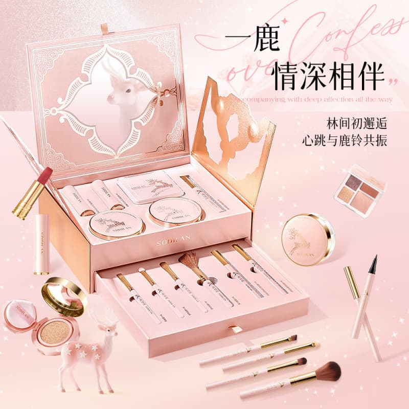 Suodilang One Deer Deep Love Makeup Gift Set - Cushion Foundation, Lipstick, Makeup Brushes - Full Set Cosmetics for Beginners, Holiday Gift