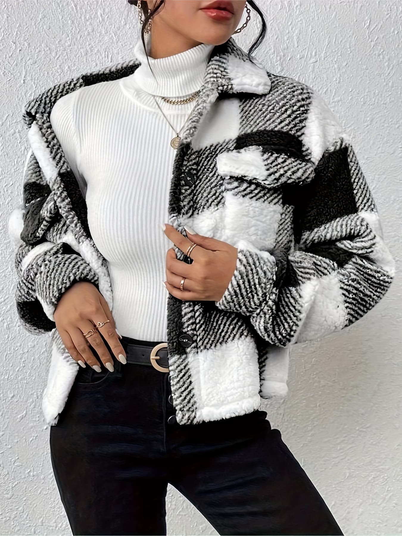 Double-sided Plush Patch Pocket Button Cardigan Casual Top for Women - Cross-border E-commerce for Independent Sites and AliExpress