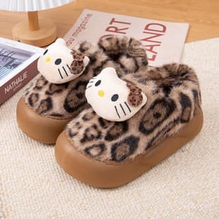 Warm Covered Half Slippers Leopard Print Cotton Slippers Thickened Fashion Home Wear Flat Anti-Slip Fuzzy Shoes Women Winter