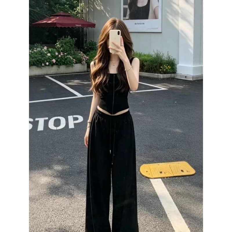 American Hot Girl Style Black Sleeveless Camisole Wide Leg Pants Set Women Summer New Slimming Bodycon Two Piece Set