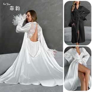 European and American Cross-Border Long Robe Lace Satin Stitching with Furry Cuffs Sexy Open Back Loungewear Pajamas for Women 809