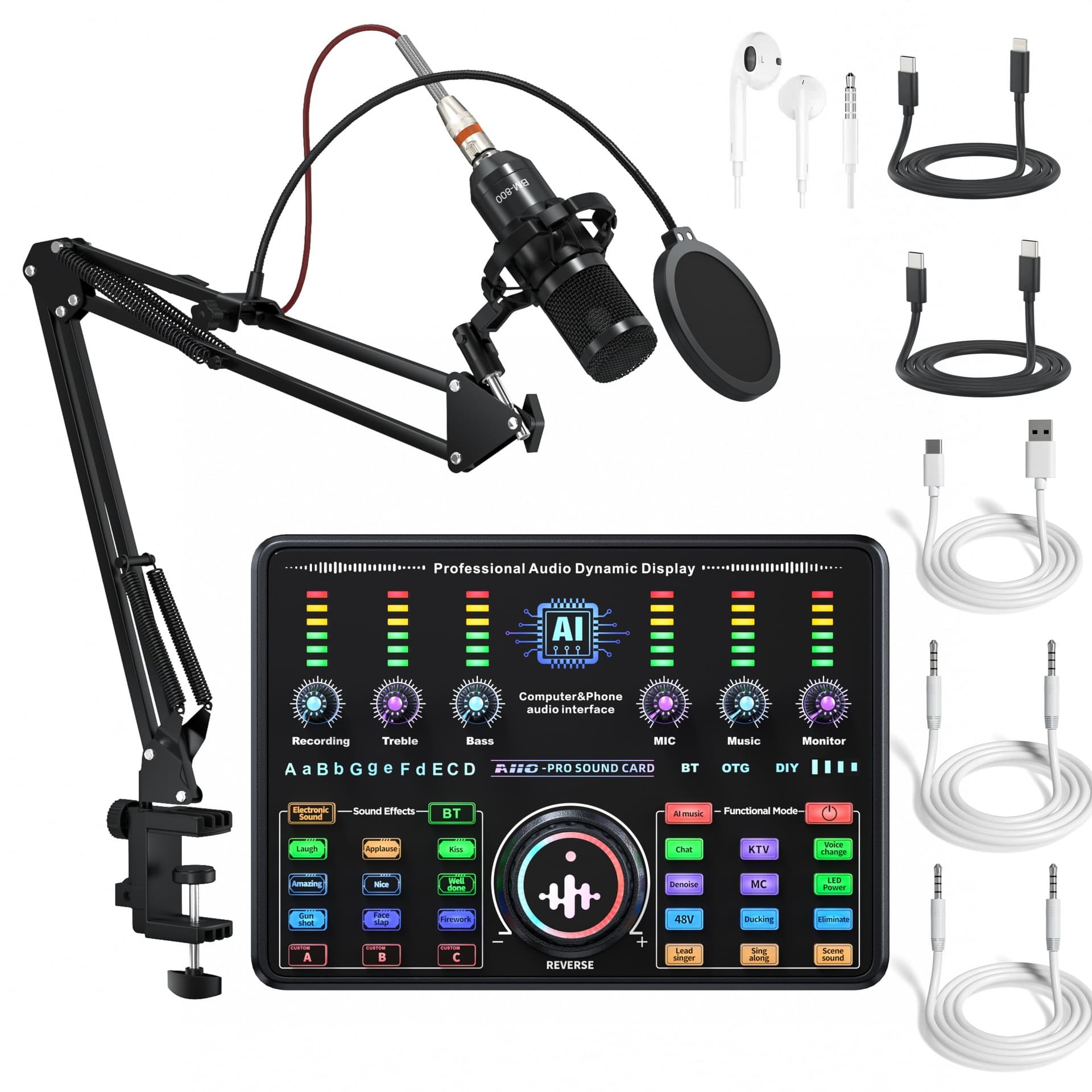 Professional Dual-Purpose Recording and Live Streaming Sound Card, Complete External PC Sound Card Set for Mobile Streaming