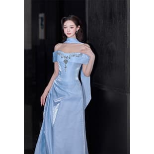 Blue High-End One-Shoulder Evening Gown for Women, Heavy Craftsmanship, Light Luxury, Birthday, Adult Ceremony, Socialite Princess Dress, Premium Sense
