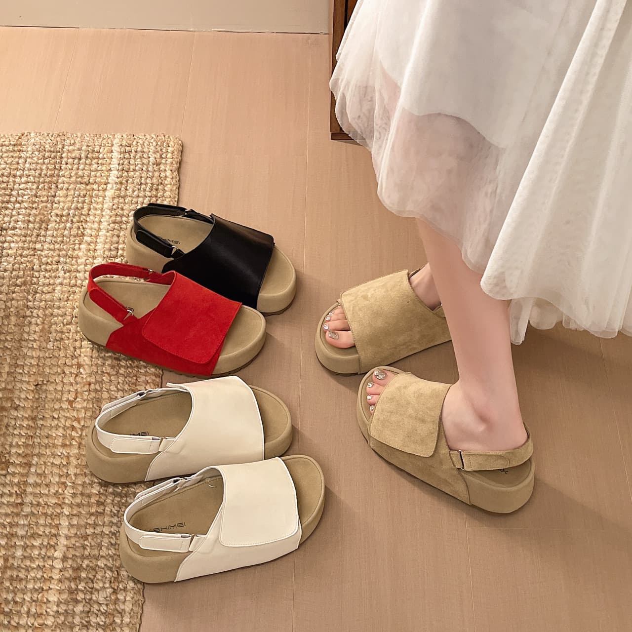 Fashionable Birkenstock wedge slingback sandals for women, summer soft sole polka dot peep-toe casual versatile thick-soled Roman sandals