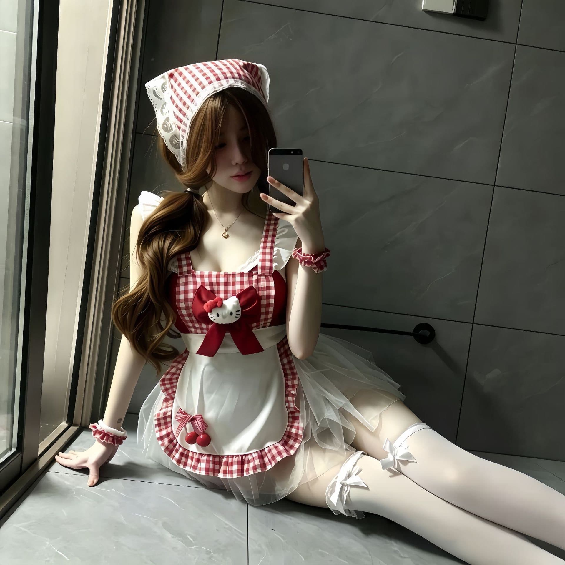 Zheying Plus-Size Sweet Pure Super Cute Maid Outfit, Kitty Cat Date Puffy Skirt, Suspenders, Apron for Women