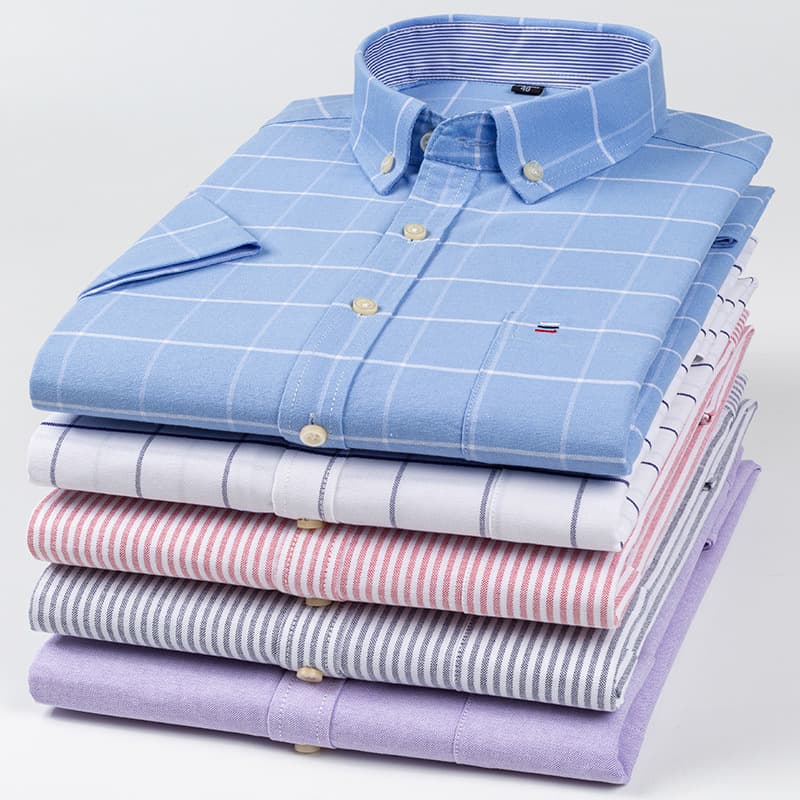 Men's Oxford Casual Shirt Spring Autumn Solid Color Stand Collar Short Sleeve Casual Shirt for Young and Middle Aged Men