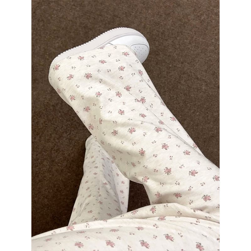 2026 New Casual Pants Sweet Korean Floral Soft and Glutinous Lazy Style Tall Walking Pants Glutinous Rice Pants