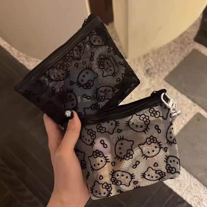 Transparent mesh kitty makeup bag cute travel compact portable makeup storage bag practical coin purse