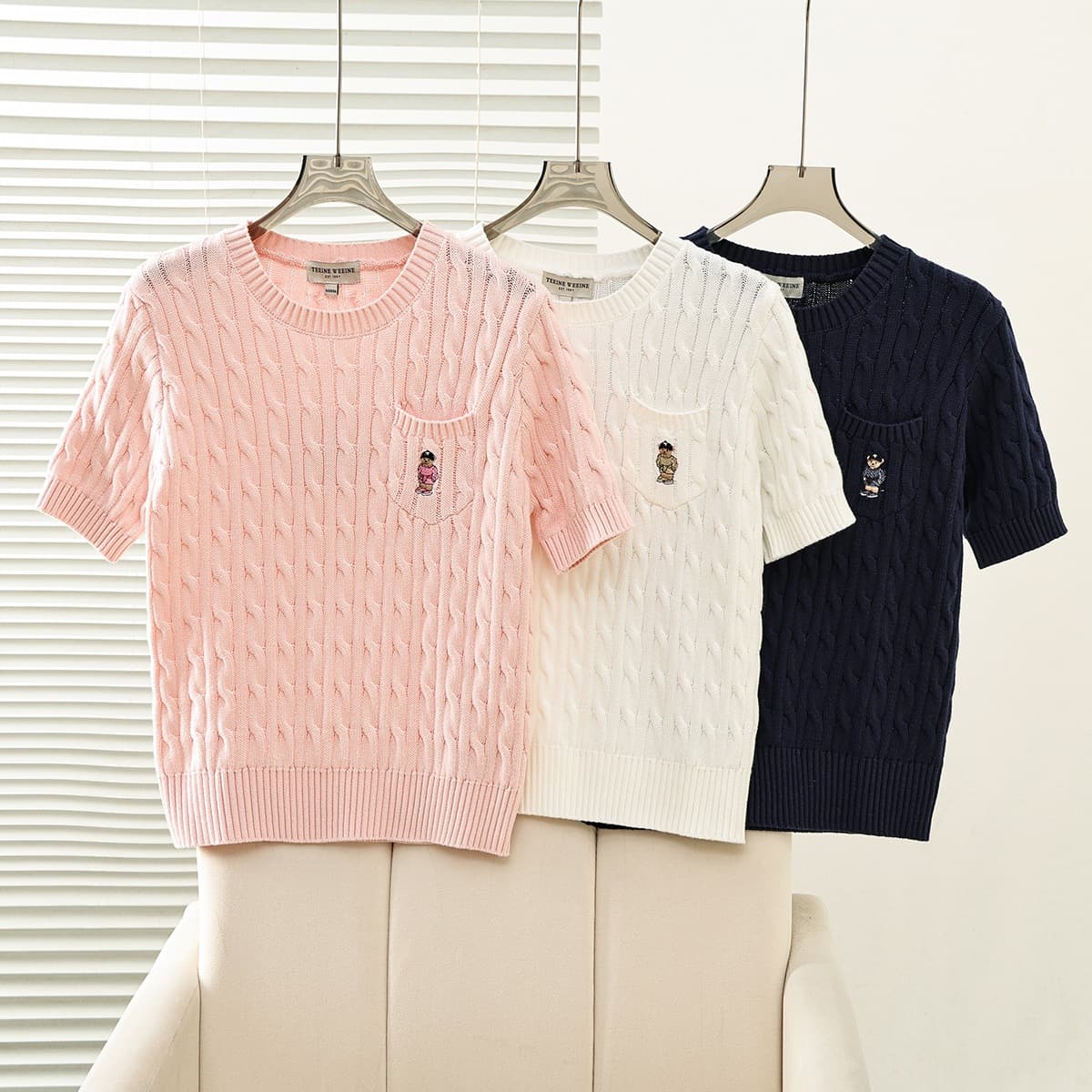 2026 Spring New Women's College Cable Knit Round Neck Sweater Short Sleeve T-Shirt TTKW2612C2E